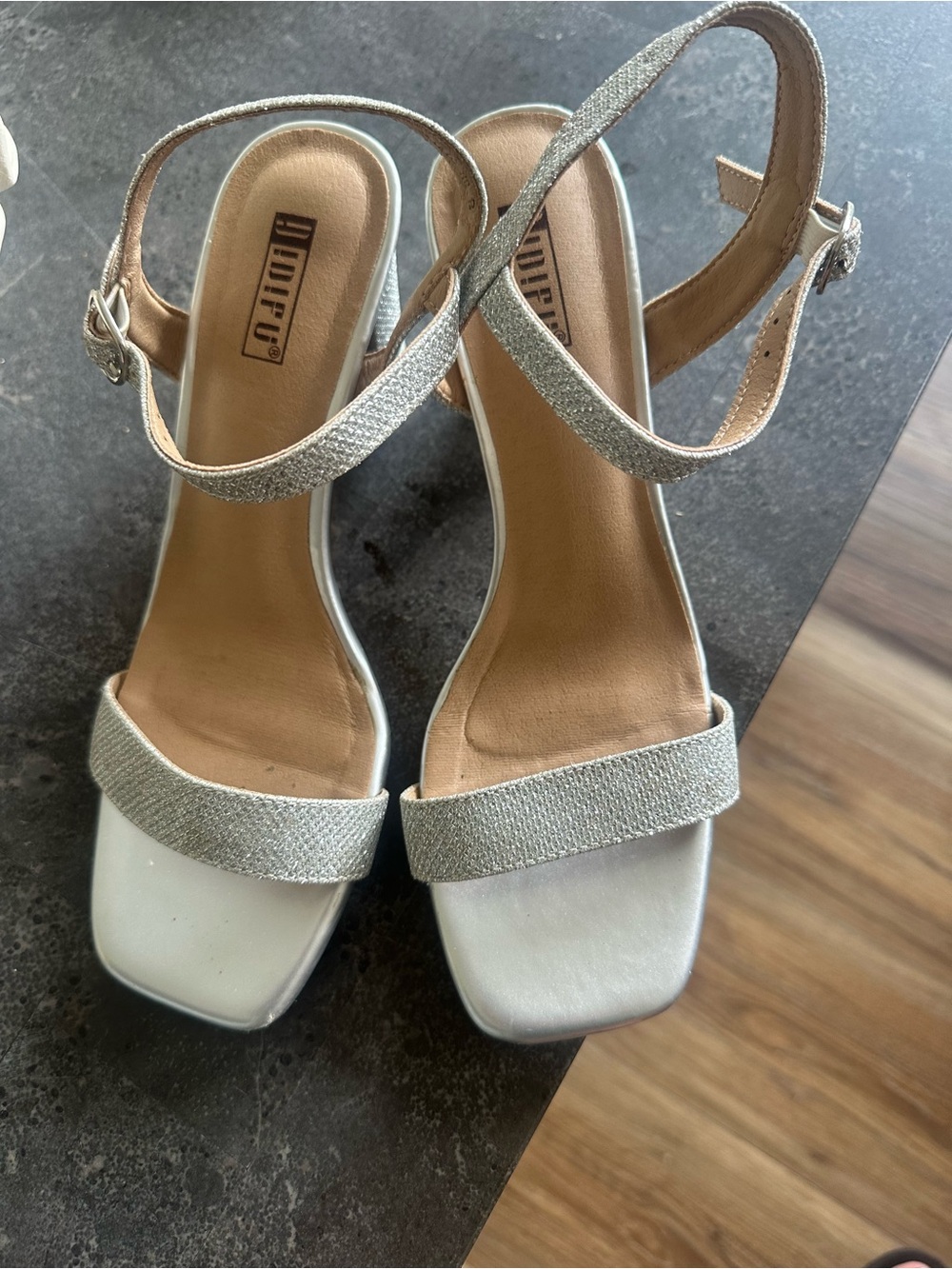 Square-Toe Ankle-Strap Heels in Metallic Silver